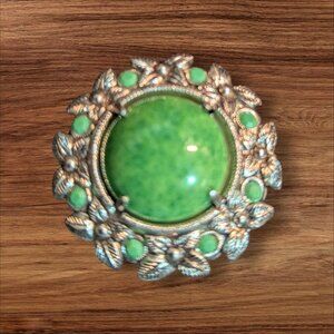 Vintage West Germany Green Cabochon Floral Silver Brooch Pin 2 Inches Ornate Des